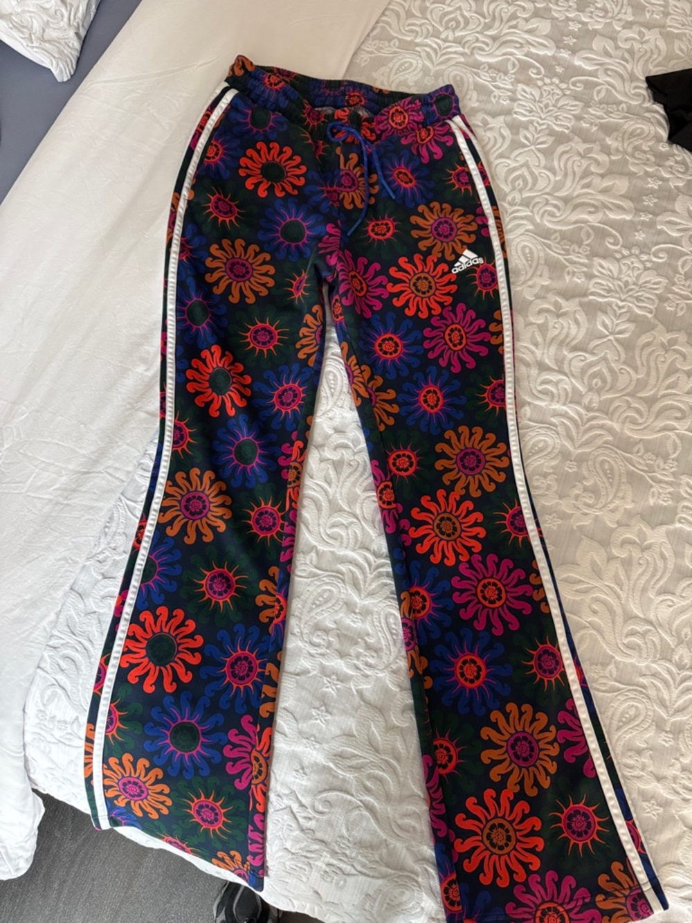 adidas  Black Floral Sunburst Sweatpants with White Stripes